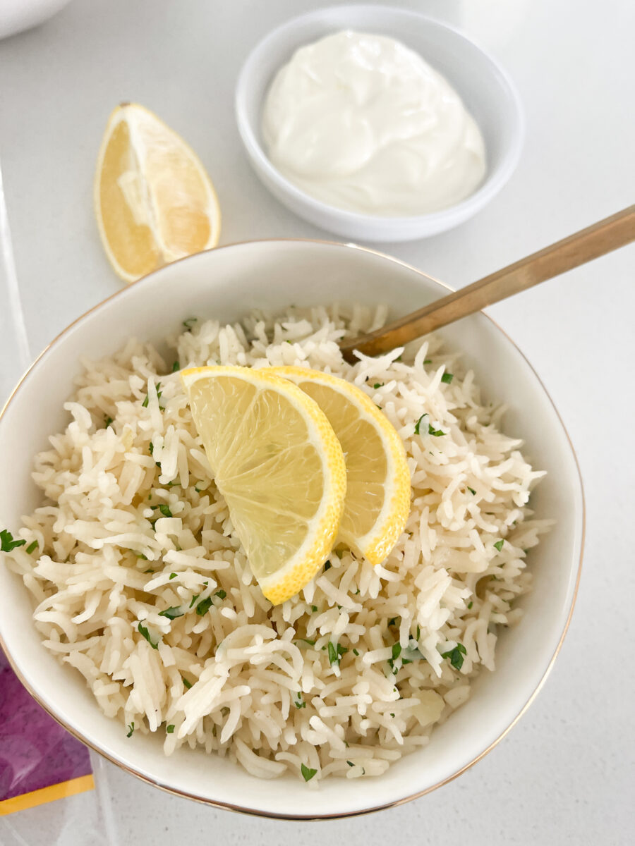 Greek chicken rice in bowl 