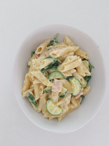 Creamy Bacon and Zucchini Pasta in a bowl