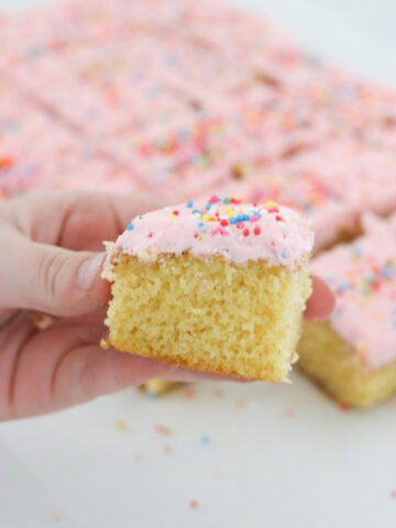 Vanilla Tray Cake in hand