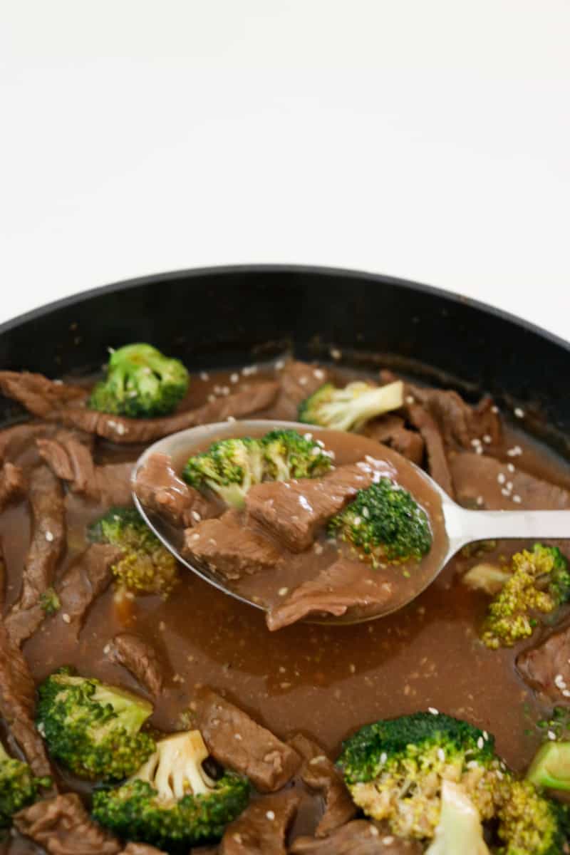 Easy Broccoli Beef on spoon